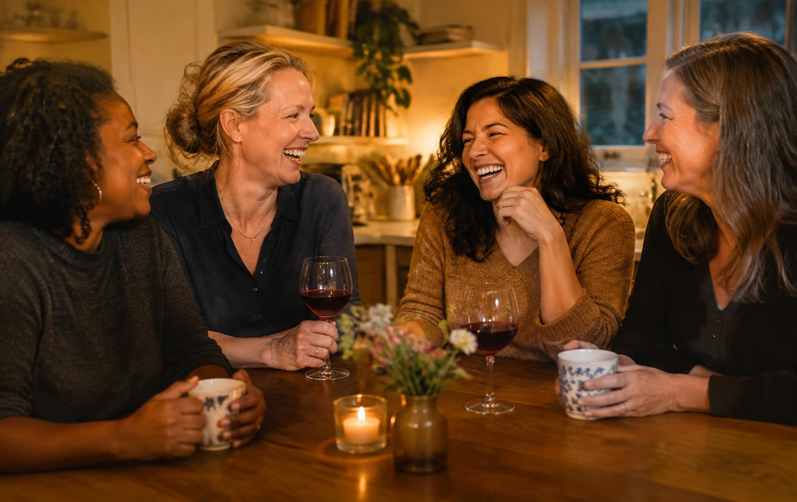 Four women in their forties laughing together around a kitchen table