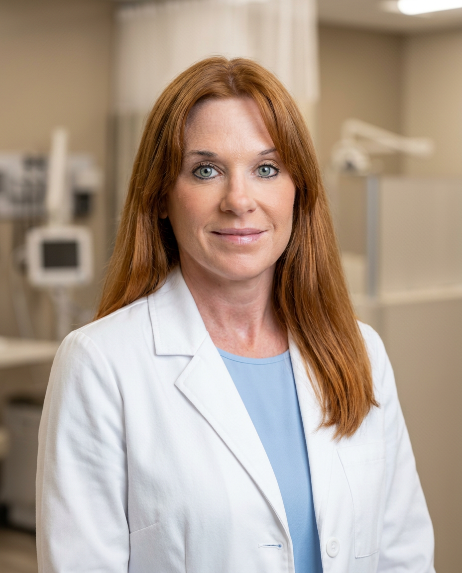 Meg, founder of Perimenoporn and Nurse Practitioner, in a white clinician's coat